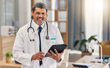 Image showing Medical, tablet and doctor with portrait of man for consulting, research and network. Medicine, healthcare and telehealth with senior person in clinic for life insurance, online report and technology