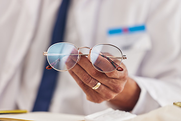 Image showing Professional, man and hands with glasses for vision or prescription lens for eyesight. Closeup, eyewear and frames male person with spectacles for wellness in workplace for focus with seeing.