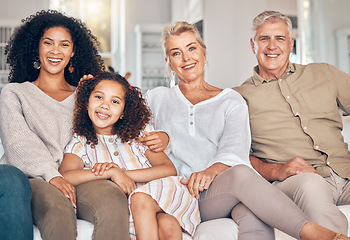 Image showing Portrait, family and grandparents, kid and mother in home, bonding and relax together in living room. Interracial mom, grandpa and grandma with girl, smile and happy with care, love and quality time