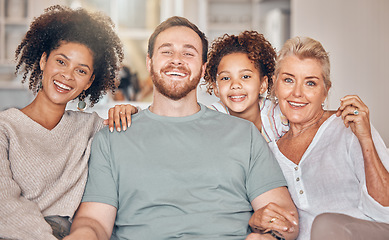 Image showing Portrait, family and parents, grandmother and kid in home, bonding and relax together in living room. Face, father and mother, girl and grandma with interracial love, happy or smile for care in house