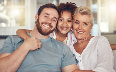 Image showing Portrait, happy family and grandmother, kid and father in home, bonding and relax together in living room. Face, smile and dad, girl and grandma with care, love and interracial for adoption in house