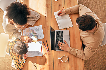 Image showing Above, family and homework with remote work at a table for learning, business and busy together. Care, house and father, child and mother with laptop, teaching and help with education by parents