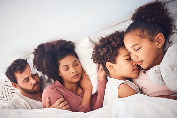 Image showing Comfort, sleeping and family in a bed with love, dreaming and resting in their home together. Sleep, nap and children with parents in a bedroom embracing, peaceful and hugging, comfortable and bond