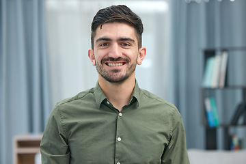 Image showing Smile, intern and accountant man in an office happy for company profit and financial goals in a business. Employee, worker and portrait of a young businessman confident for startup finance mission