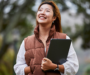 Image showing Smile, thinking and a woman with a tablet in nature for communication and entrepreneurship vision. Happy, relax and a young Asian girl or entrepreneur with technology in a park for freelance ideas