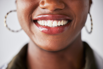 Image showing Smile, happy and mouth closeup of black woman with teeth whitening, dental care and wellness. Healthcare, dentistry and face zoom of female person with cleaning for hygiene, grooming and treatment