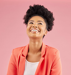 Image showing Business woman, happy and laugh in studio with smile feeling excited and proud from advertising job. African female person, funny and pink background with creative success and professional employee