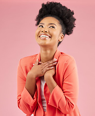 Image showing Business woman, proud and studio with a smile feeling excited and happy from advertising job. African female person, worker and pink background with creative employee with confidence of professional