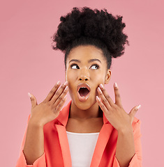 Image showing Wow, surprise and thinking with a black woman in shock for beauty or idea in studio or pink background with a choice or planning. Shocked, face and person with question about skincare or fashion