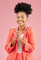 Image showing Business woman, happy and portrait in studio with a smile feeling excited and proud from advertising job. African female person, worker and pink background with creative employee with confidence