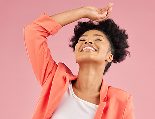 Image showing Fashion, beauty and thinking with a black woman laughing in studio isolated on pink background for trendy style. Smile, hair and comedy with a happy young female comic posing in a clothes outfit