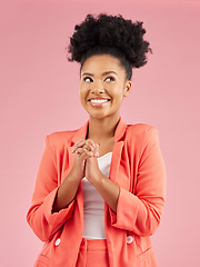 Image showing Business woman, happy and studio with a smile feeling excited and hope from new job. African female person, worker and pink background with confident creative employee and thinking of wish and dream