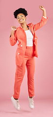 Image showing Portrait, fashion and jumping with an afro woman in studio isolated on pink background for trendy style. Smile, excited and celebration with a happy young african person winning in a clothes outfit