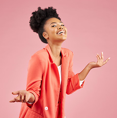 Image showing Smile, excited and portrait of a woman in a studio with a doubt, choice or decision gesture. Happy, confident and young African female model with a dont know expression isolated by a pink background.