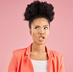 Image showing Confused, black woman and thinking about a beauty idea in studio or pink background with a decision, choice or planning. Question, face and person curious about skincare or solution for fashion