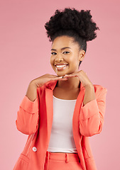 Image showing Portrait, fashion and beauty with an afro woman in studio isolated on pink background for trendy style. Smile, hair and face with a happy or confident young african person posing in a clothes outfit