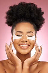 Image showing Woman, hyaluronic acid or eyes pad for beauty, cosmetic or skin product in studio by pink background. African girl, model or facial self care for glow, natural skincare or happy for aesthetic results