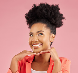 Image showing Business woman, happy and thinking in studio with smile feeling excited and proud from advertising job. African female person and pink background with creative employee with professional work