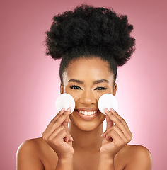 Image showing Portrait, cotton pad and black woman with skincare, makeup and dermatology on a studio background. Female person, face or model with cosmetics, aesthetic and cleaning with wellness, shine and patches