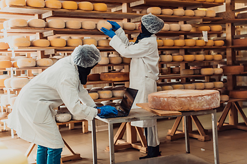 Image showing Muslim business partners checking the quality of cheese in the modern industry