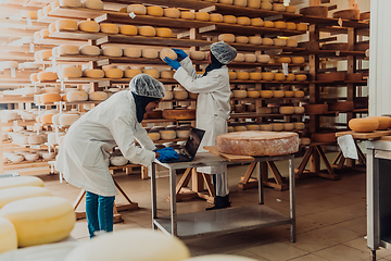 Image showing Muslim business partners checking the quality of cheese in the modern industry