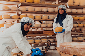 Image showing Muslim business partners checking the quality of cheese in the modern industry
