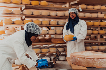 Image showing Muslim business partners checking the quality of cheese in the modern industry