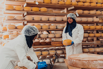 Image showing Muslim business partners checking the quality of cheese in the modern industry