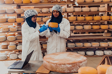 Image showing Muslim business partners checking the quality of cheese in the modern industry