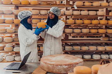 Image showing Muslim business partners checking the quality of cheese in the modern industry