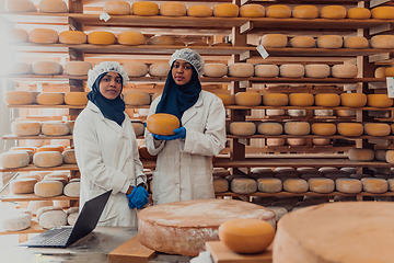 Image showing Muslim business partners checking the quality of cheese in the modern industry