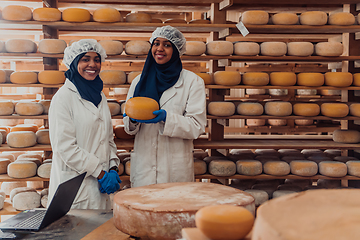 Image showing Muslim business partners checking the quality of cheese in the modern industry