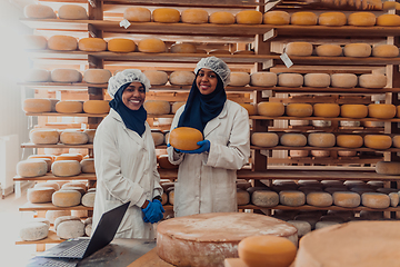 Image showing Muslim business partners checking the quality of cheese in the modern industry