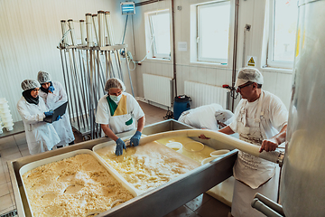 Image showing Arab business partners oversee cheese production in modern industry