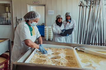 Image showing Arab business partners oversee cheese production in modern industry