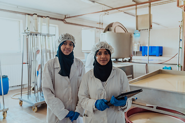 Image showing Arab business partners checking the quality of cheese in the industry and enter data into a laptop. Small business concept