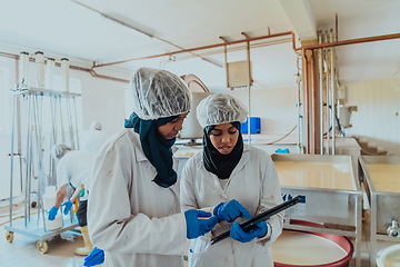 Image showing Arab business partners checking the quality of cheese in the industry and enter data into a laptop. Small business concept