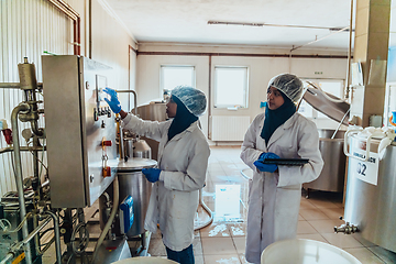 Image showing Arab business partners checking the quality of cheese in the industry and enter data into a laptop. Small business concept