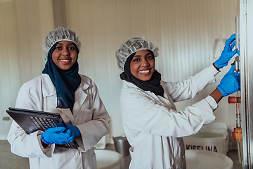 Image showing Arab business partners checking the quality of cheese in the industry and enter data into a laptop. Small business concept