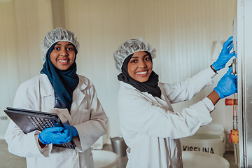 Image showing Arab business partners checking the quality of cheese in the industry and enter data into a laptop. Small business concept