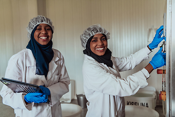 Image showing Arab business partners checking the quality of cheese in the industry and enter data into a laptop. Small business concept