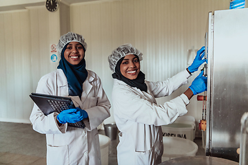 Image showing Arab business partners checking the quality of cheese in the industry and enter data into a laptop. Small business concept