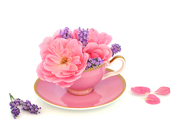 Image showing Surreal Pink Rose and Lavender Flower Tea Cup Composition