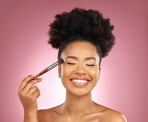 Image showing Makeup, smile and black woman with brush, natural beauty and skincare on a studio background. Female person, aesthetic and happy model with cosmetic tools, grooming and dermatology with self care