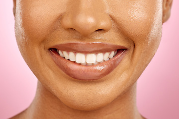 Image showing Woman, mouth and healthy smile in studio for dentistry, teeth whitening or veneers by pink background. Girl, model and clean with dental healthcare, beauty and wellness with glow on facial skin