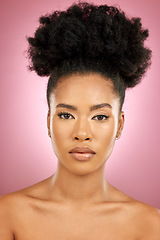 Image showing Portrait, skincare and black woman with makeup, dermatology and grooming against a pink studio background. Face, female person and model with cosmetics, shine and glow with natural beauty and luxury