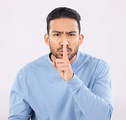 Image showing Whisper, portrait and angry asian man in studio with finger on lips, sign and body language on grey background. Gossip, secret and face of annoyed Japanese male with confidential, privacy or emoji