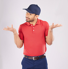 Image showing Shrug, confused and unsure man in studio with open hands for a question, why or doubt. Portrait of young asian person on a white background with fashion clothes, emoji or review on choice or decision