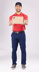 Image showing Happy, shipping box or portrait of delivery guy in studio with courier service, supply chain package or smile. Full body, white background or man with distribution, online shopping or mail services