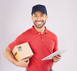 Image showing Asian man, portrait and box with tablet for delivery, digital signature or checklist against a grey studio background. Male person smile with supply chain technology, parcel or package for logistics